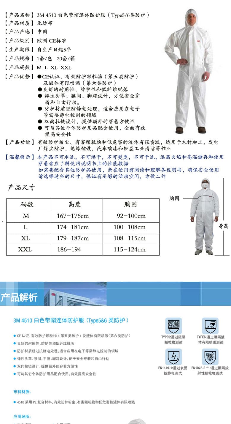 3M 4510 白色帶帽連體防護服